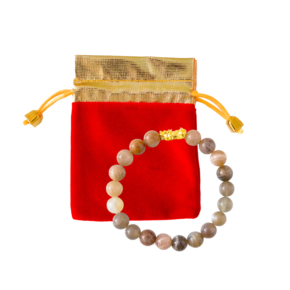 24K Gold Peach Moon Stone Pi Yao Bracelet